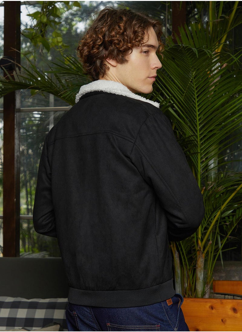 Men's Raven Black & Chalk White Fleece-Lined Bomber Jacket