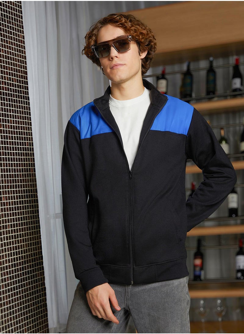 Men's Electric Blue & Obsidian Black Contrast Zip-Front Jacket