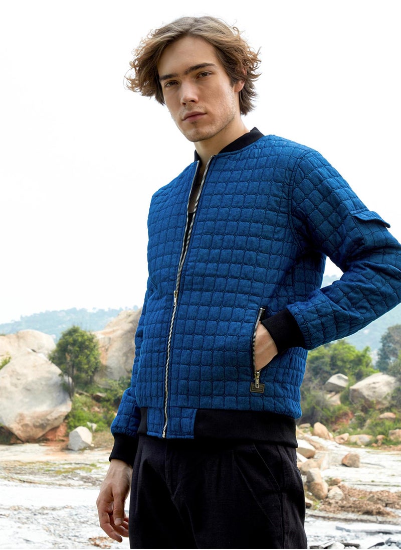Men's Indigo Blue Cubic-Quilted Bomber Jacket