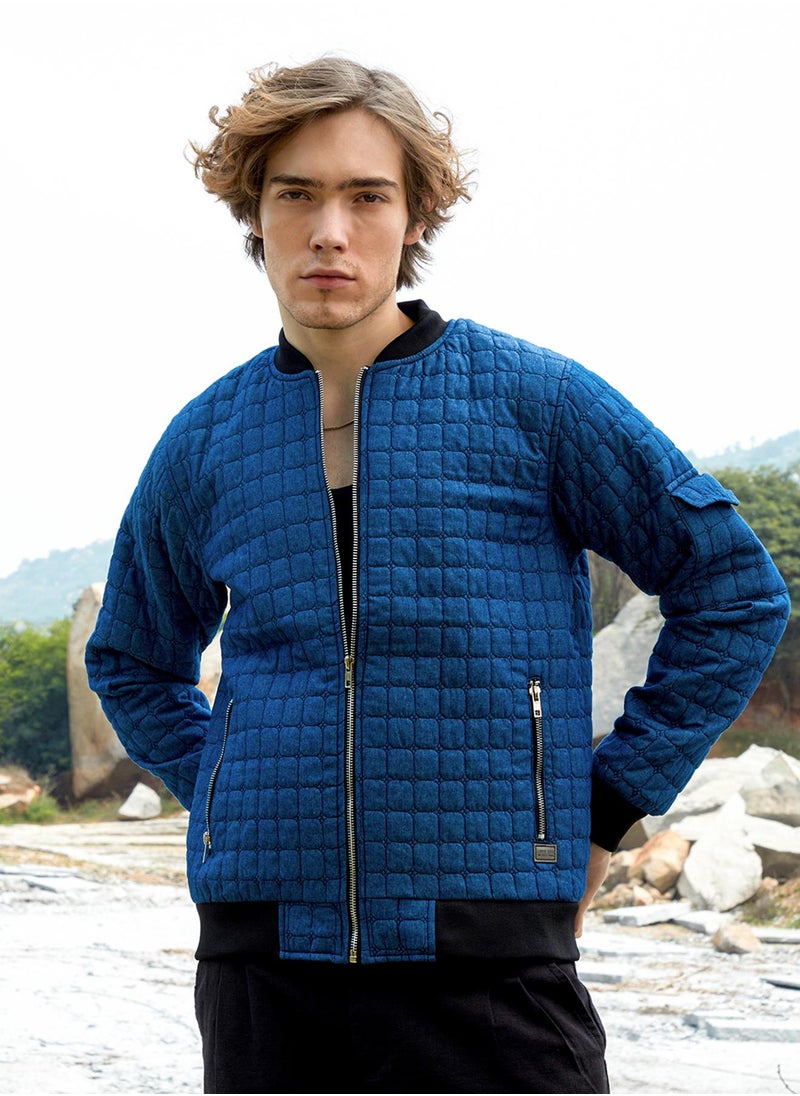 Men's Indigo Blue Cubic-Quilted Bomber Jacket