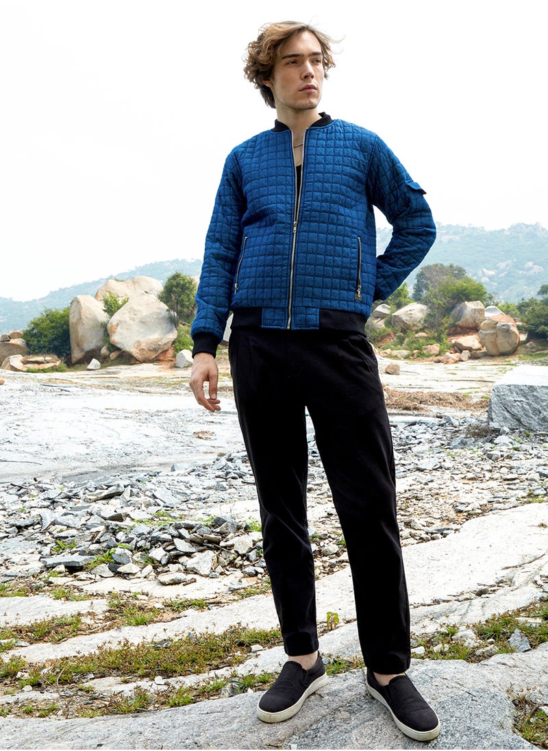 Men's Indigo Blue Cubic-Quilted Bomber Jacket