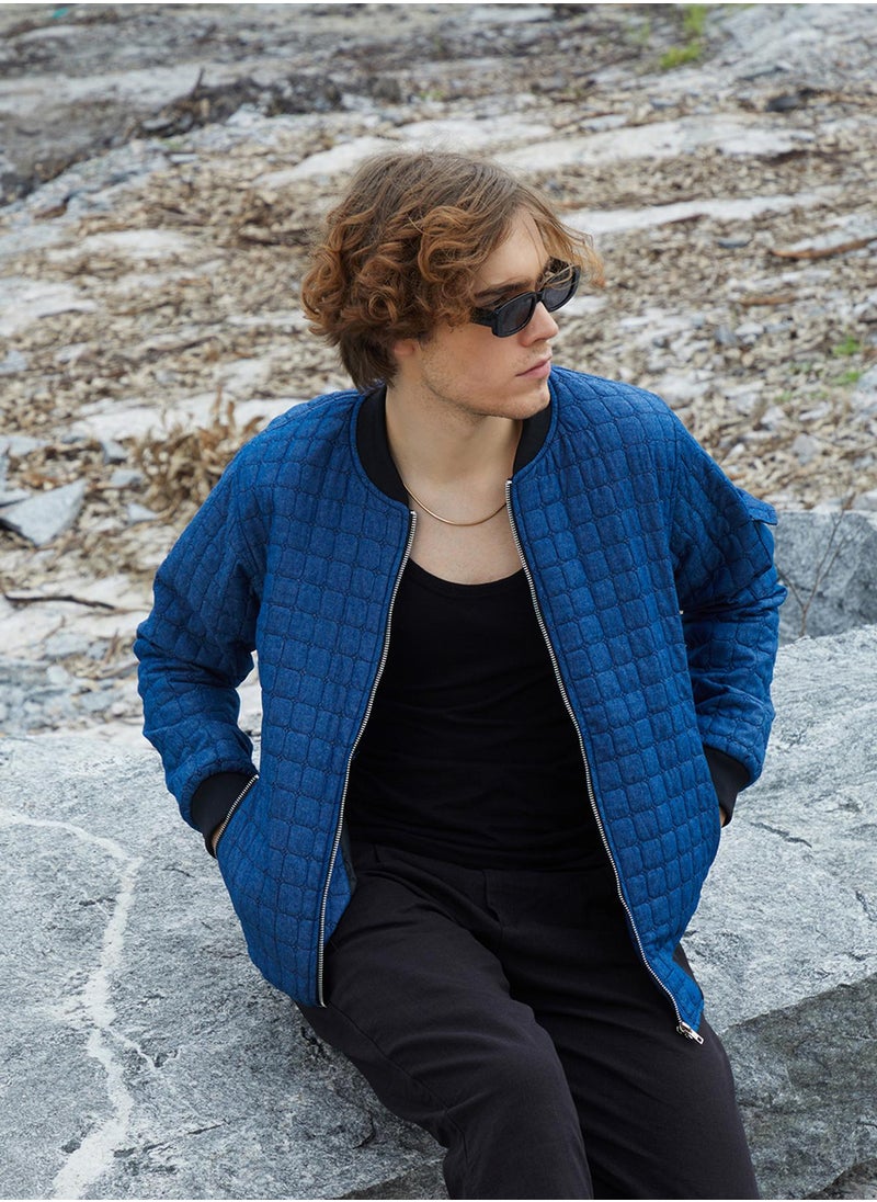 Men's Indigo Blue Cubic-Quilted Bomber Jacket
