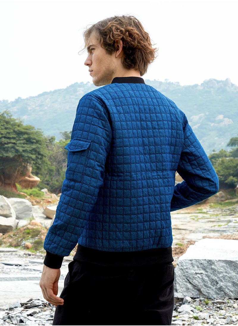 Men's Indigo Blue Cubic-Quilted Bomber Jacket