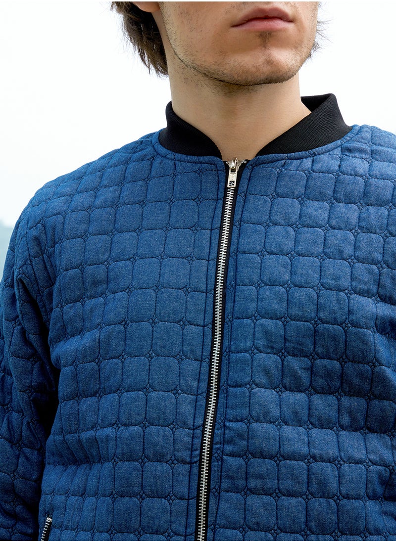 Men's Indigo Blue Cubic-Quilted Bomber Jacket