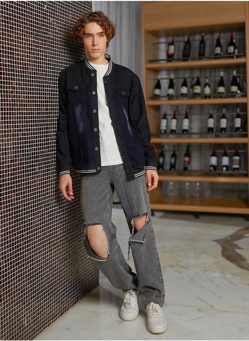 Men's Prussian Blue Dark-Wash Denim Bomber Jacket