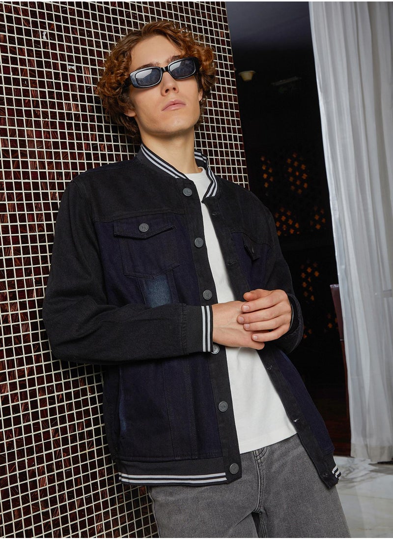 Men's Prussian Blue Dark-Wash Denim Bomber Jacket