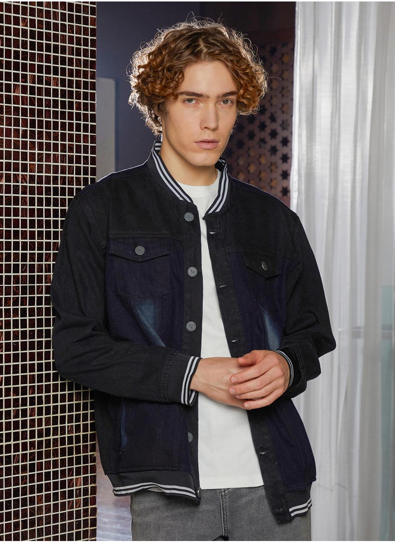 Men's Prussian Blue Dark-Wash Denim Bomber Jacket