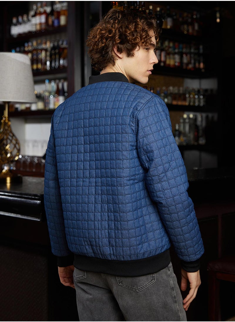 Men's Indigo Blue Cubic-Quilted Bomber Jacket