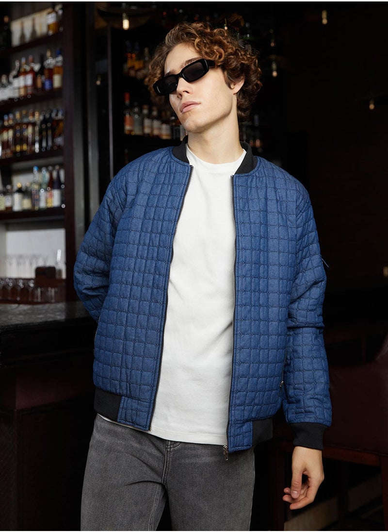 Men's Indigo Blue Cubic-Quilted Bomber Jacket