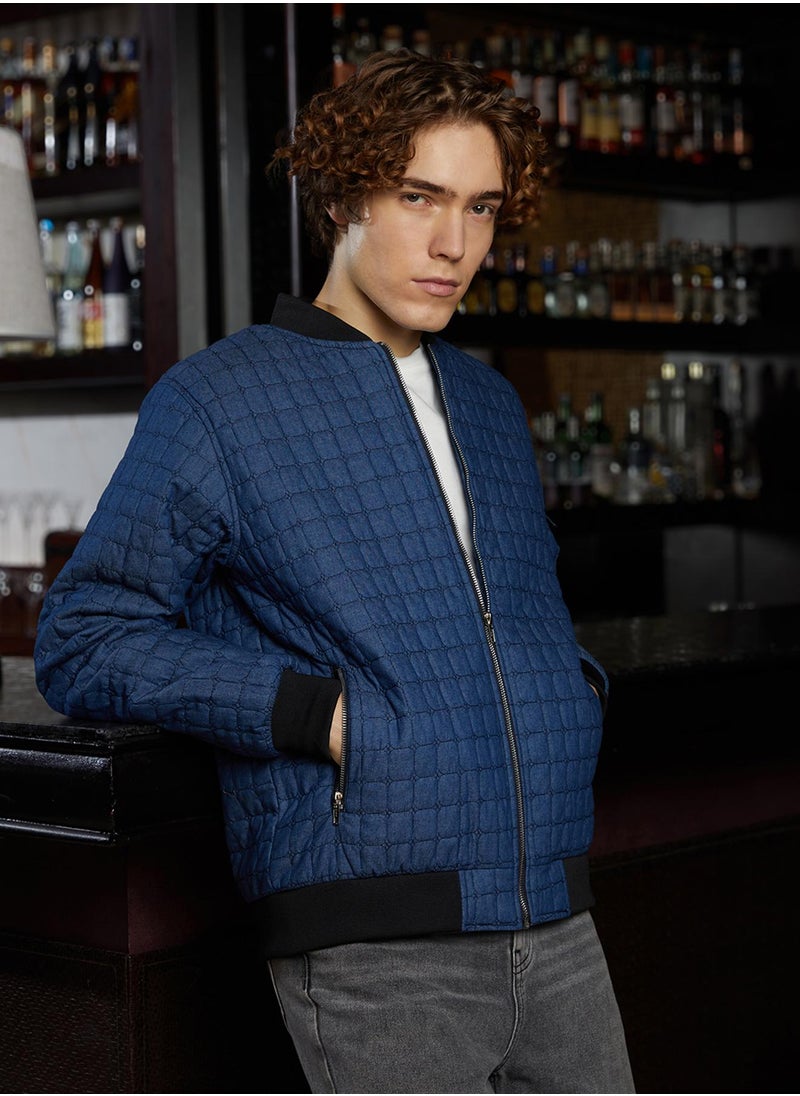 Men's Indigo Blue Cubic-Quilted Bomber Jacket