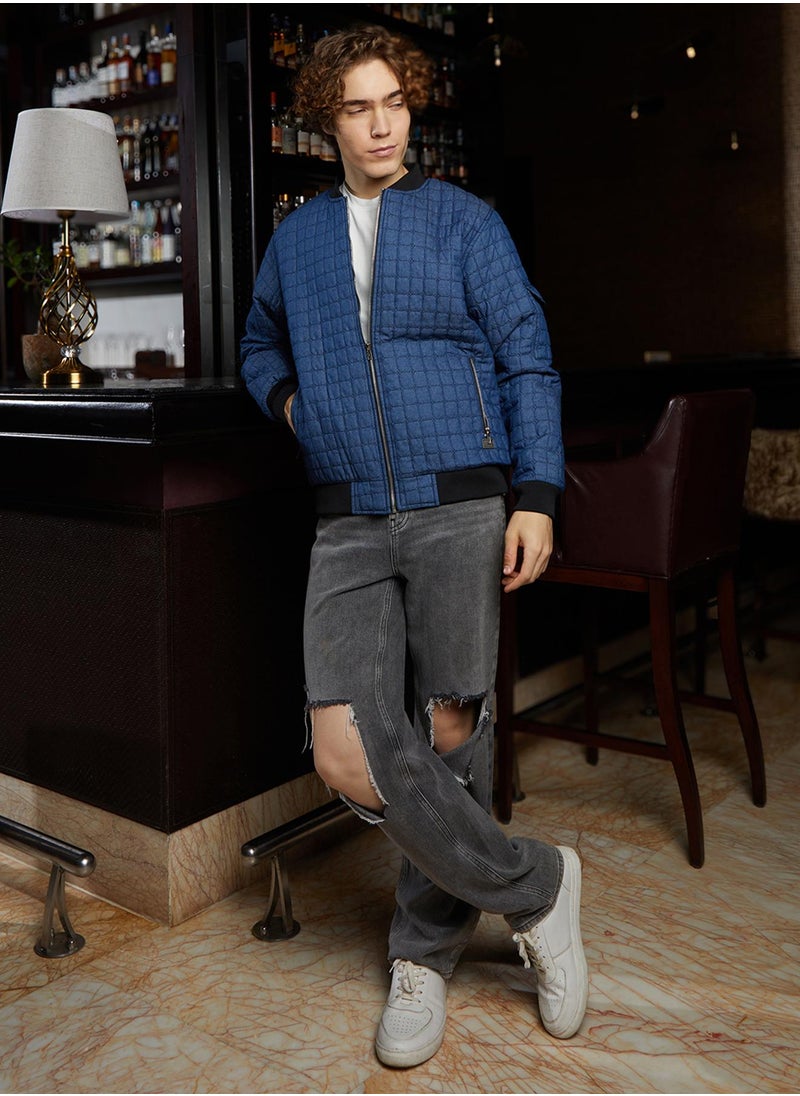 Men's Indigo Blue Cubic-Quilted Bomber Jacket