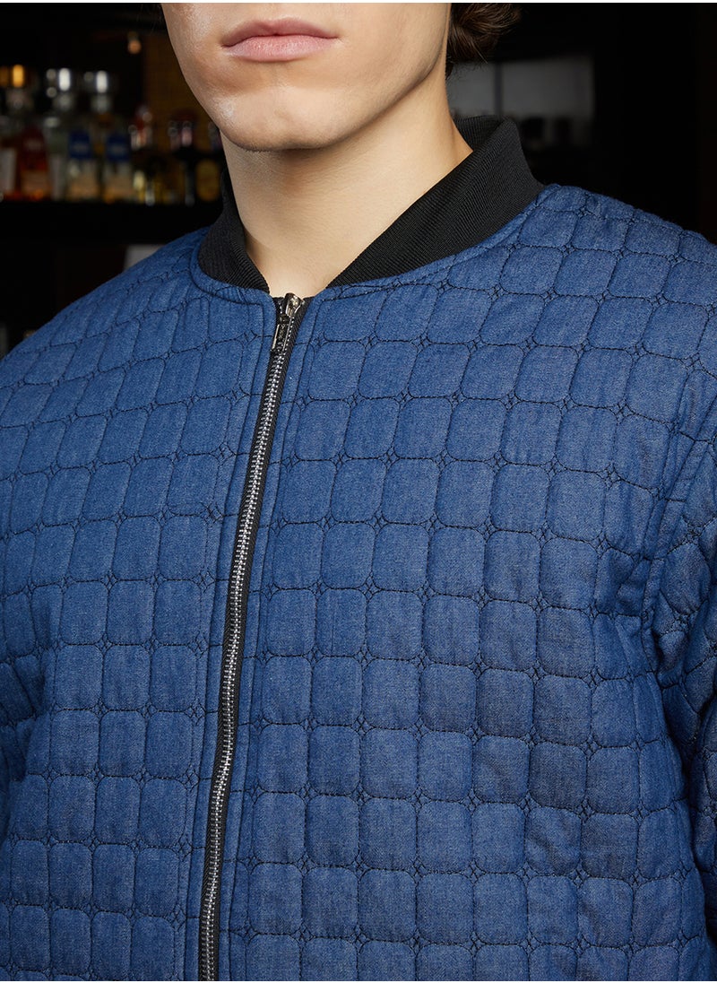 Men's Indigo Blue Cubic-Quilted Bomber Jacket
