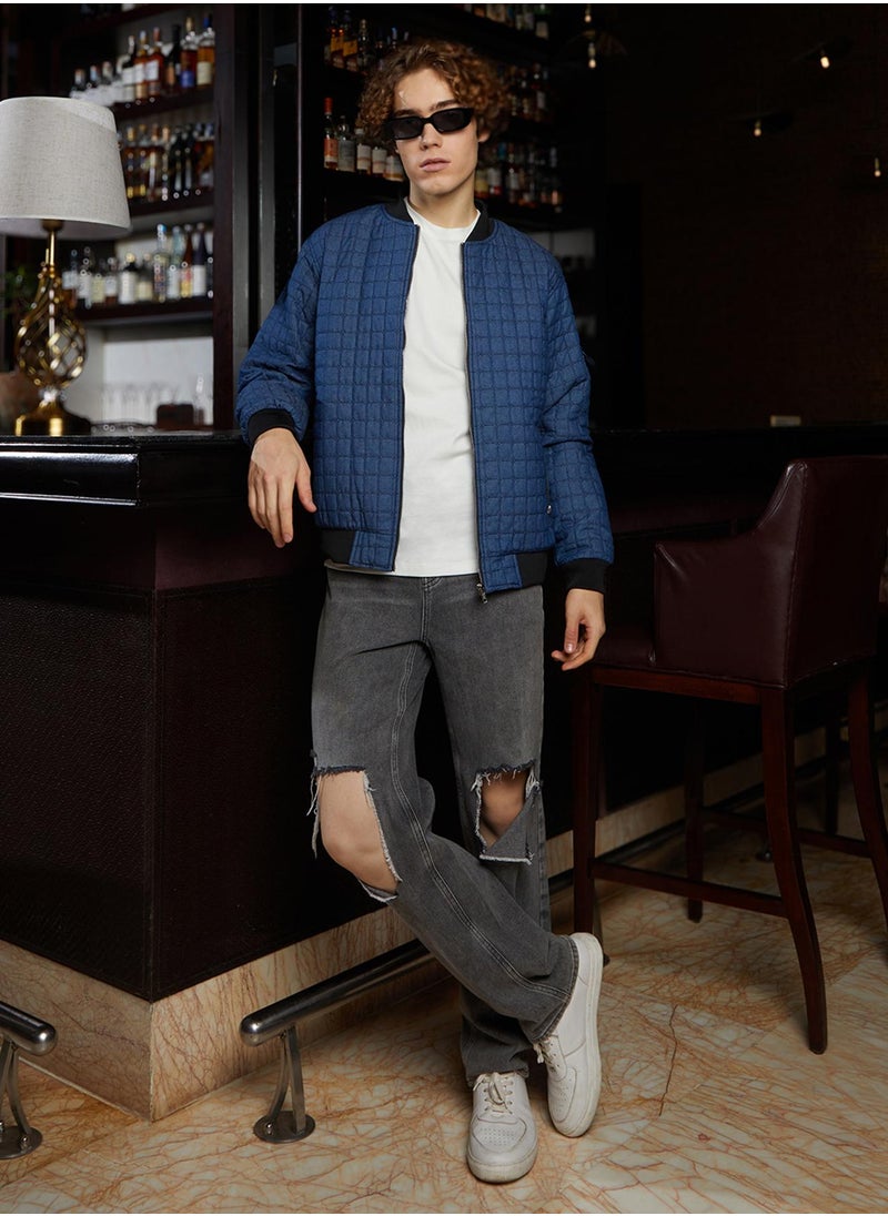 Men's Indigo Blue Cubic-Quilted Bomber Jacket