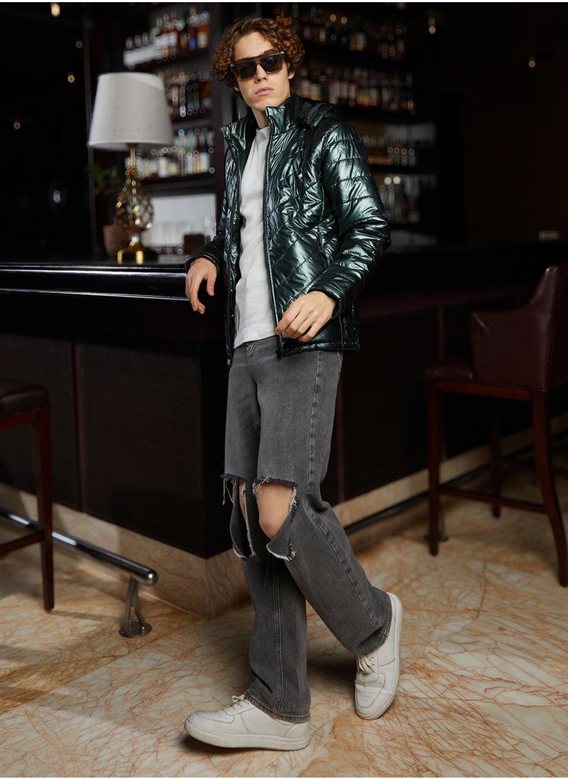 Men's Jungle Green Metallic Zip-Front Quilted Jacket
