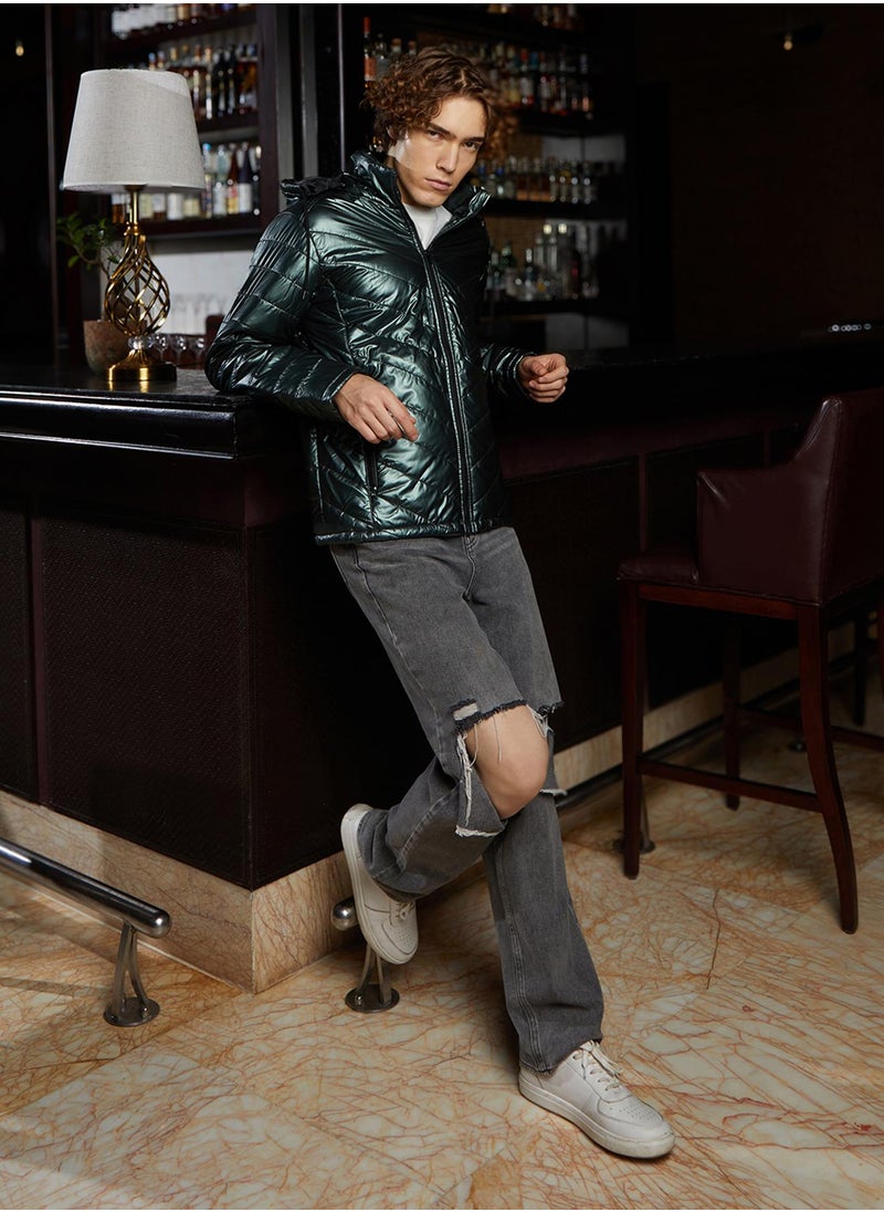 Men's Jungle Green Metallic Zip-Front Quilted Jacket