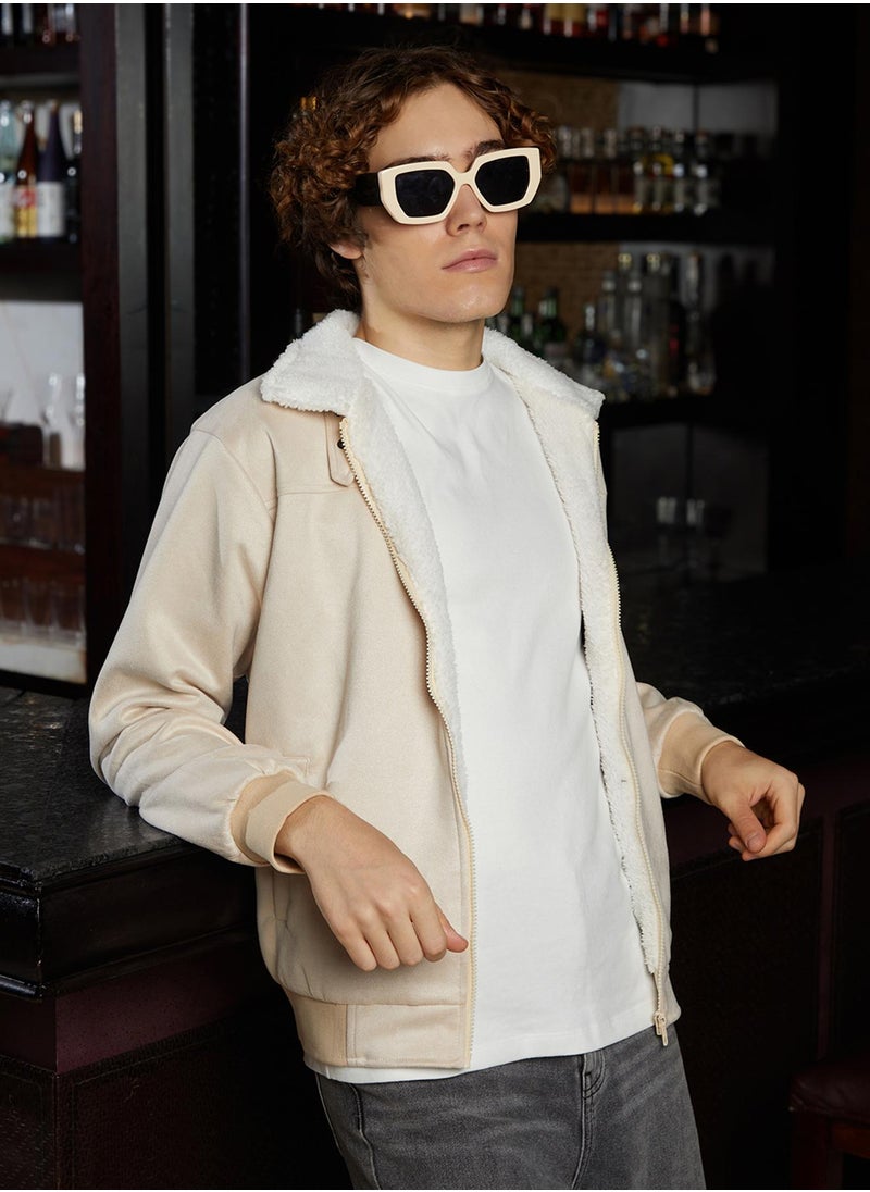 Men's Off-White & Cream White Fleece-Lined Bomber Jacket