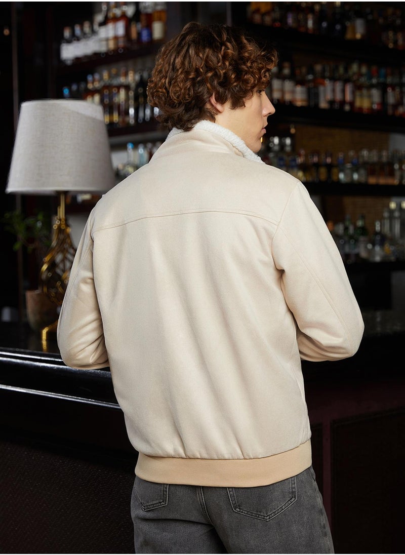 Men's Off-White & Cream White Fleece-Lined Bomber Jacket