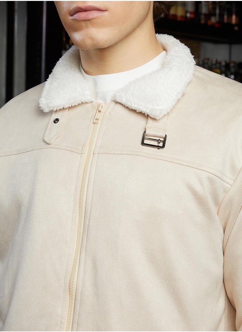 Men's Off-White & Cream White Fleece-Lined Bomber Jacket