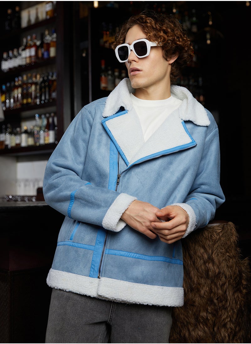 Men's Icy Blue & Chalk White Fleece-Lined Biker Jacket