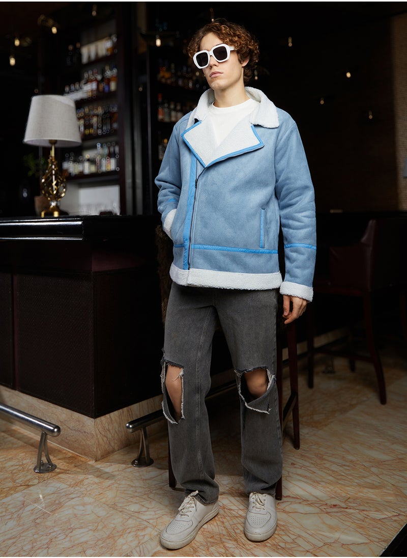 Men's Icy Blue & Chalk White Fleece-Lined Biker Jacket