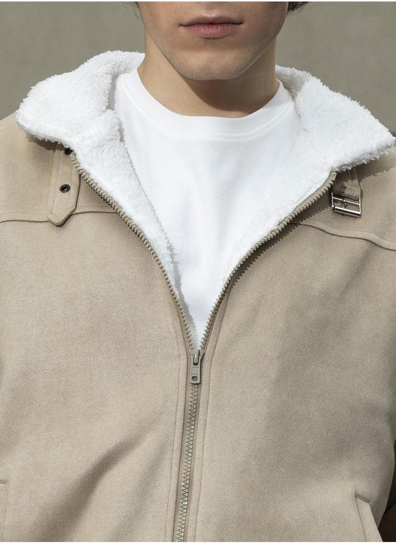 Men's Saltbox Beige & Chalk White Fleece-Lined Bomber Jacket