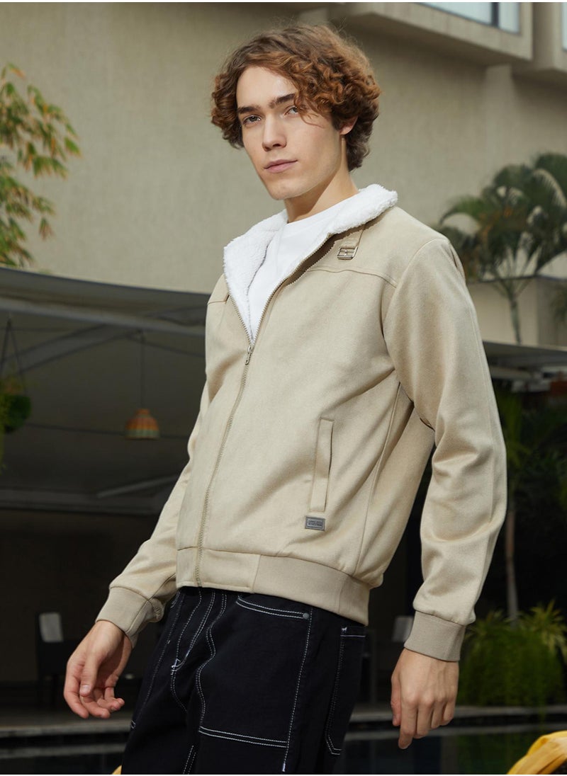 Men's Saltbox Beige & Chalk White Fleece-Lined Bomber Jacket