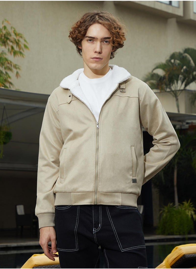 Men's Saltbox Beige & Chalk White Fleece-Lined Bomber Jacket