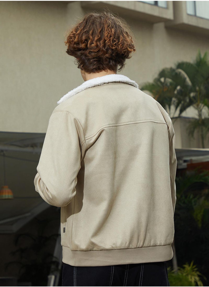 Men's Saltbox Beige & Chalk White Fleece-Lined Bomber Jacket