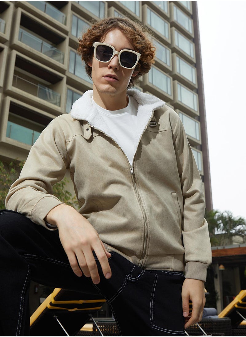 Men's Saltbox Beige & Chalk White Fleece-Lined Bomber Jacket