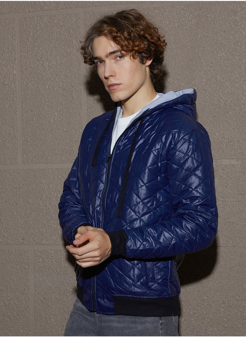 Men's Indigo Blue Rhombus-Quilted Bomber Jacket