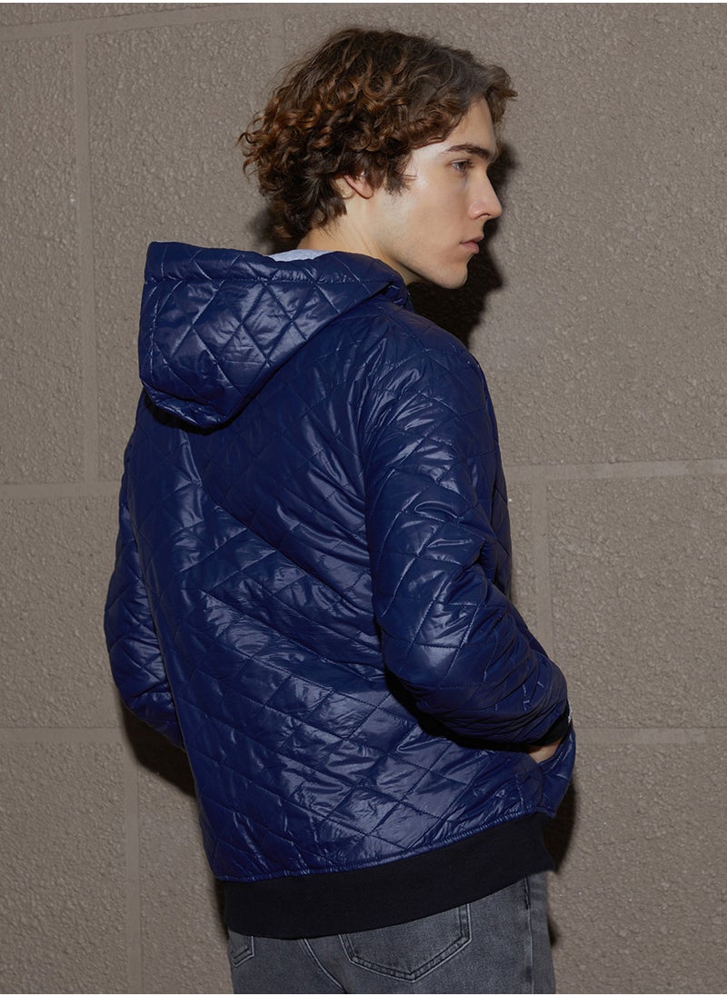 Men's Indigo Blue Rhombus-Quilted Bomber Jacket