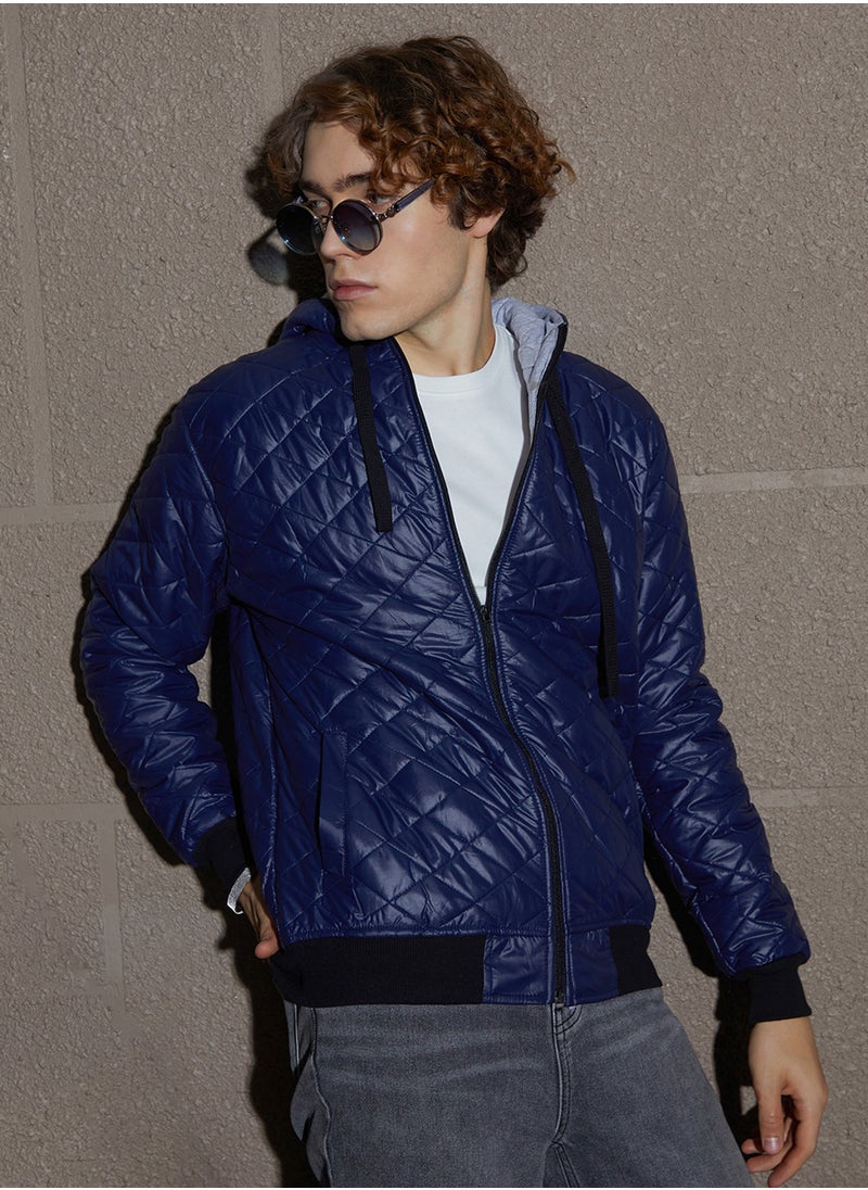 Men's Indigo Blue Rhombus-Quilted Bomber Jacket