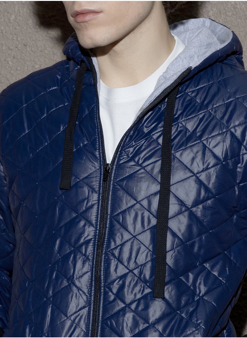 Men's Indigo Blue Rhombus-Quilted Bomber Jacket