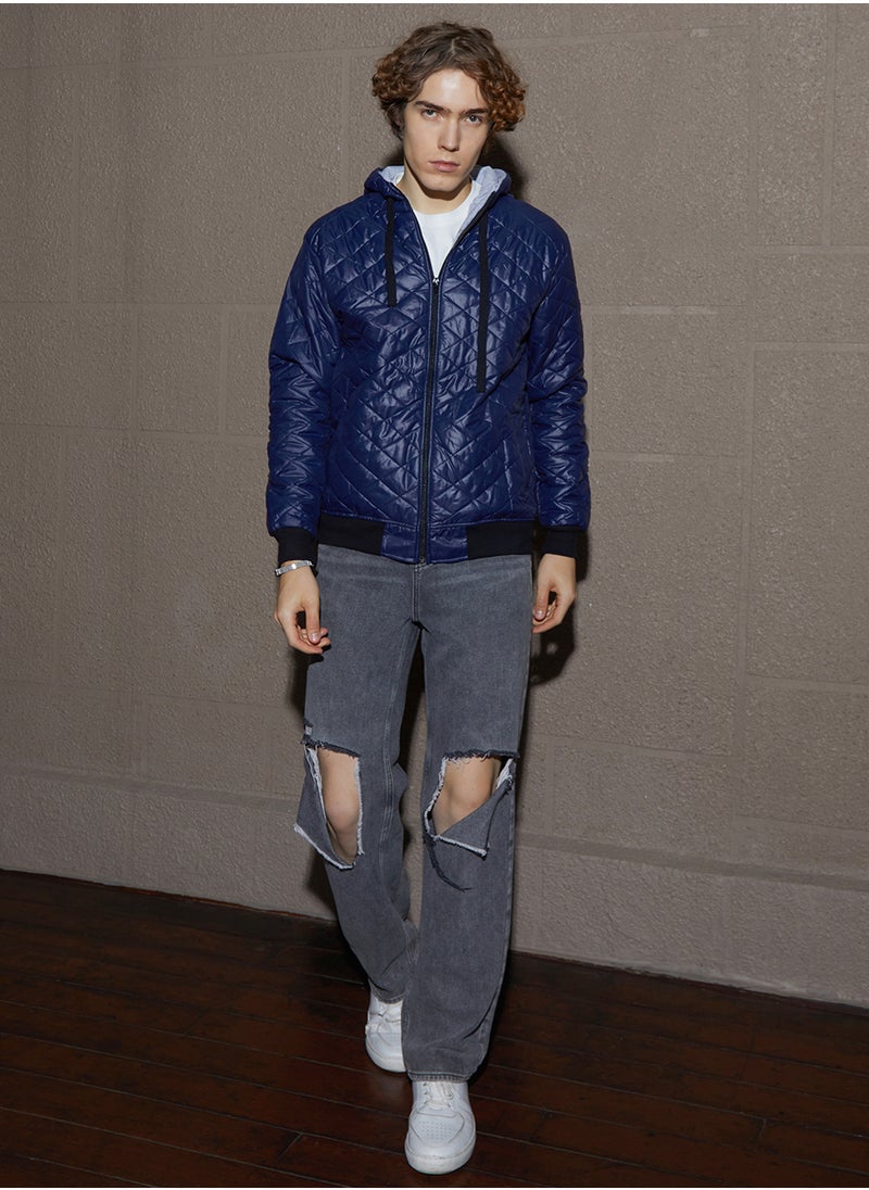 Men's Indigo Blue Rhombus-Quilted Bomber Jacket