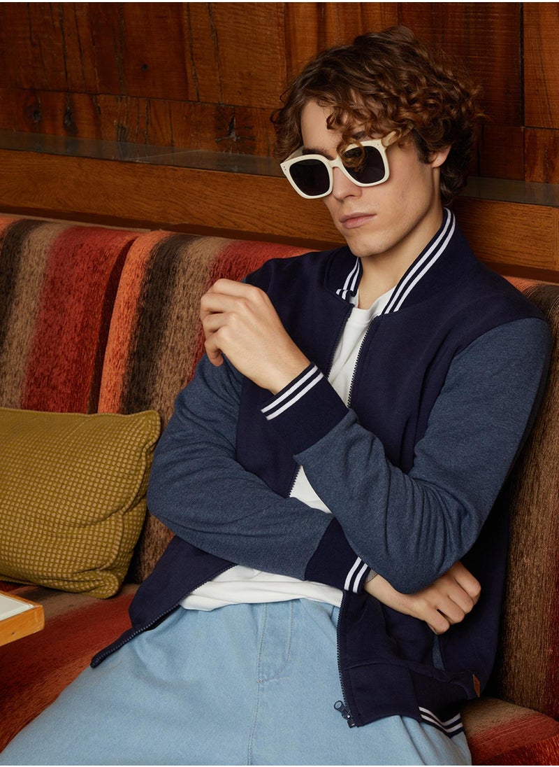 Men's Navy Blue Block Bomber Jacket