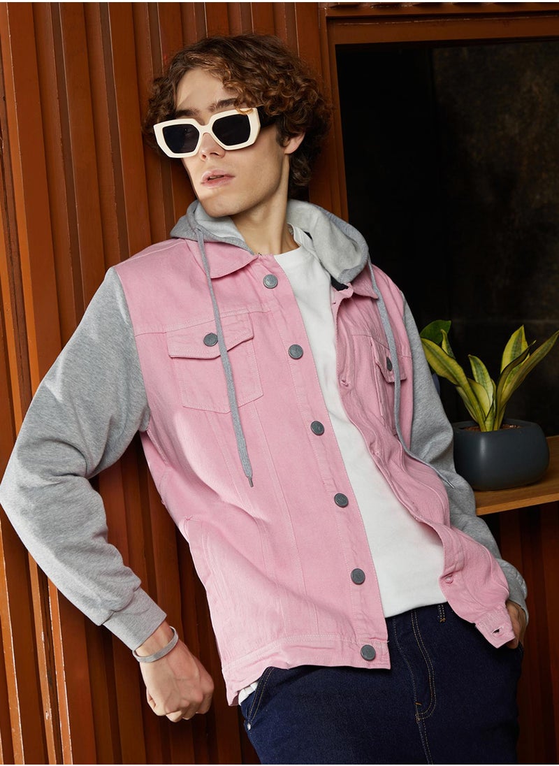 Men's Bubblegum Pink & Coin Grey Block Denim Jacket