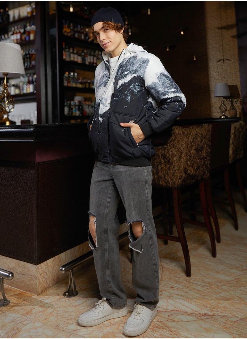 Men's Charcoal Black & Cloud Grey Snowcaps Zip-Front Puffer Jacket