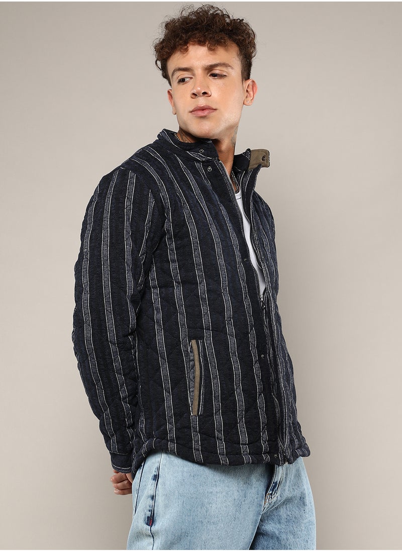 Men's Navy Blue Fleece Block Denim Jacket
