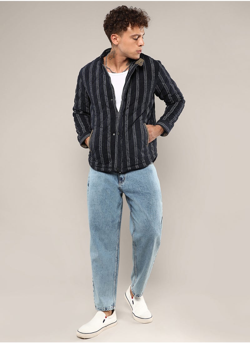 Men's Navy Blue Fleece Block Denim Jacket