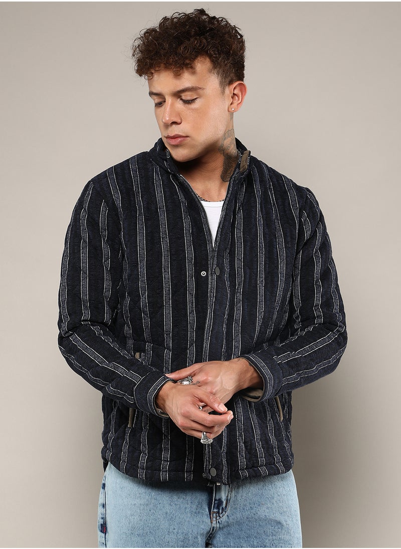 Men's Navy Blue Fleece Block Denim Jacket