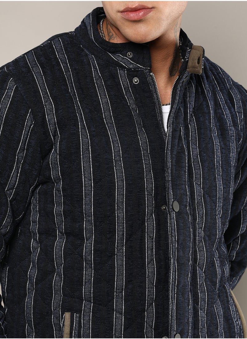 Men's Navy Blue Fleece Block Denim Jacket