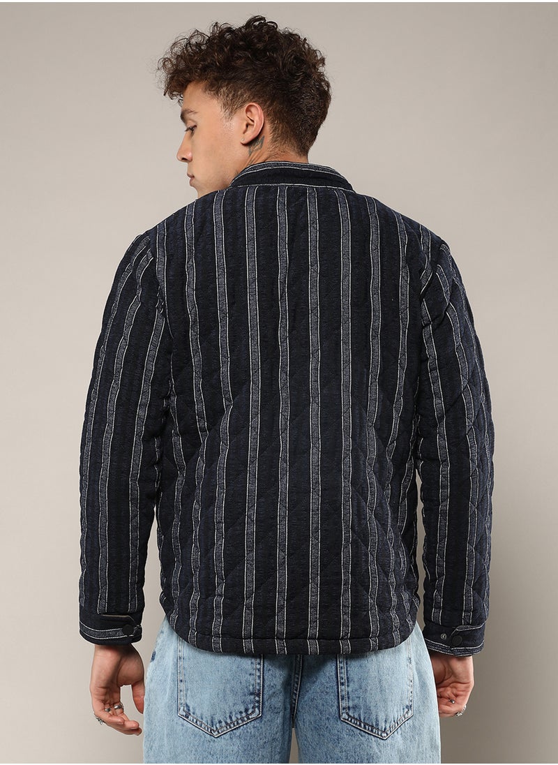 Men's Navy Blue Fleece Block Denim Jacket
