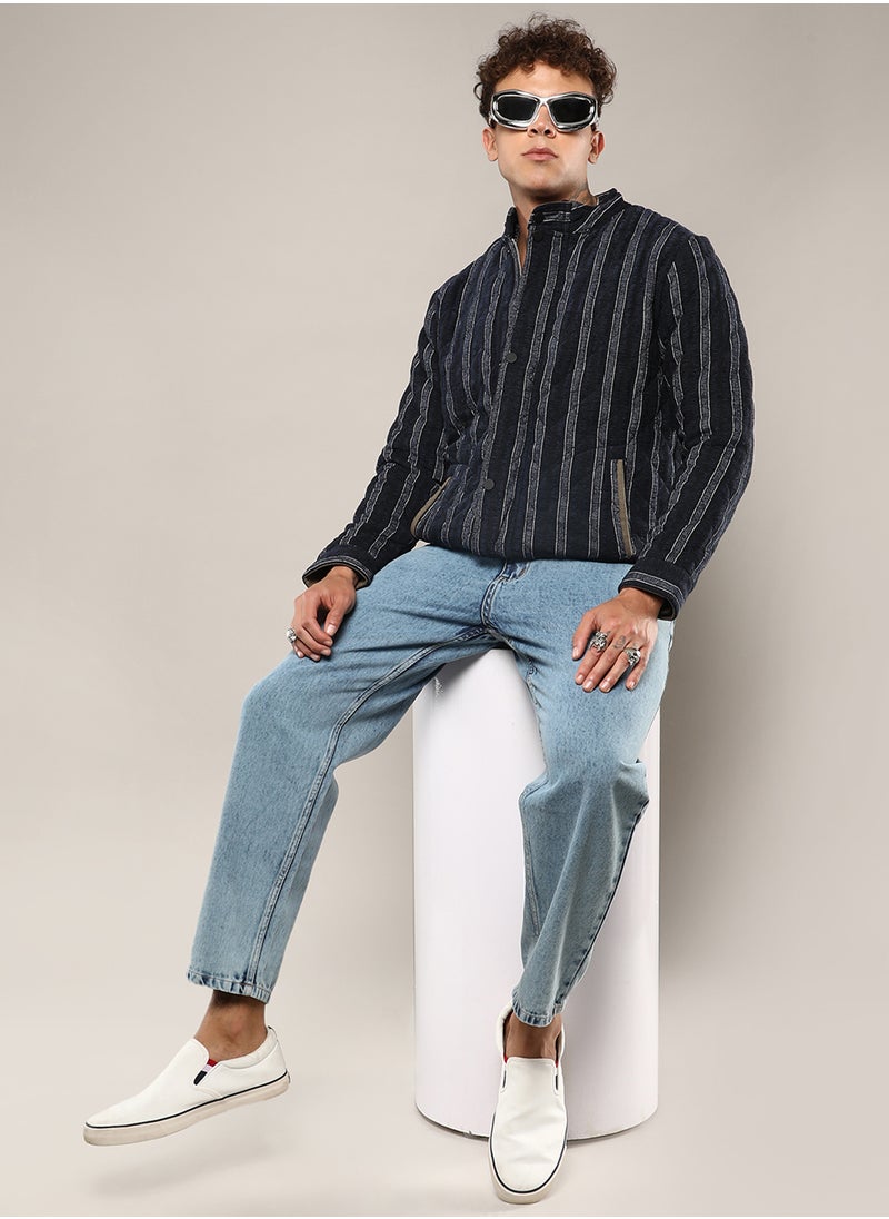 Men's Navy Blue Fleece Block Denim Jacket