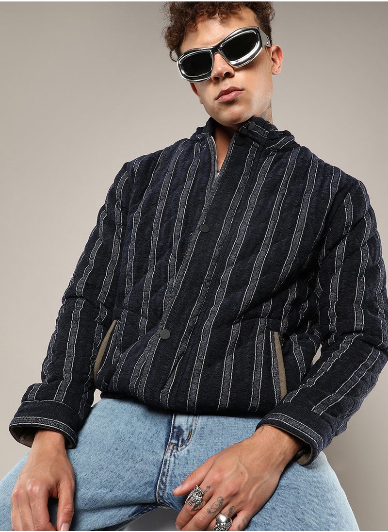 Men's Navy Blue Fleece Block Denim Jacket
