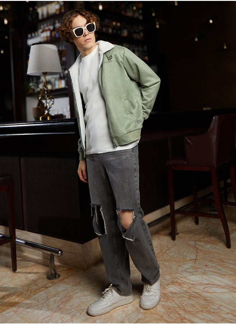 Men's Olive Green & Chalk White Fleece-Lined Bomber Jacket