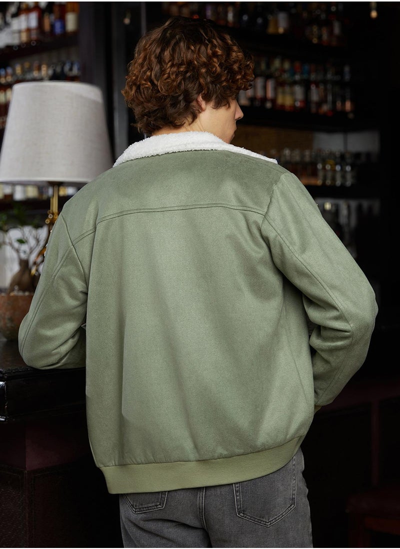 Men's Olive Green & Chalk White Fleece-Lined Bomber Jacket