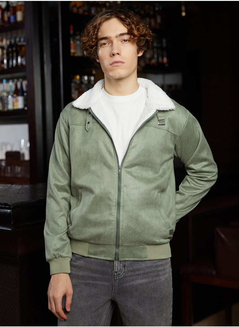 Men's Olive Green & Chalk White Fleece-Lined Bomber Jacket