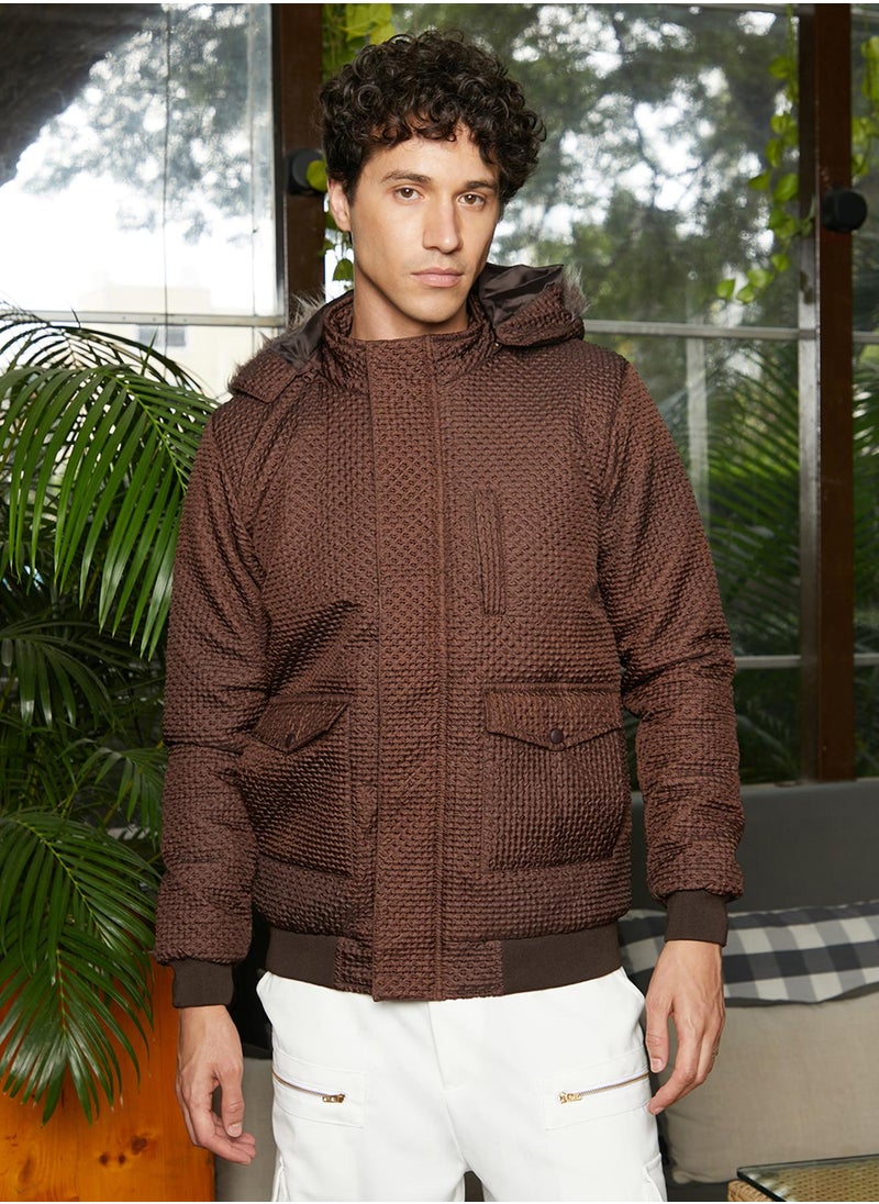 Men's Chocolate Brown Self-Design Diamond Puffer Jacket With Fleece Hood