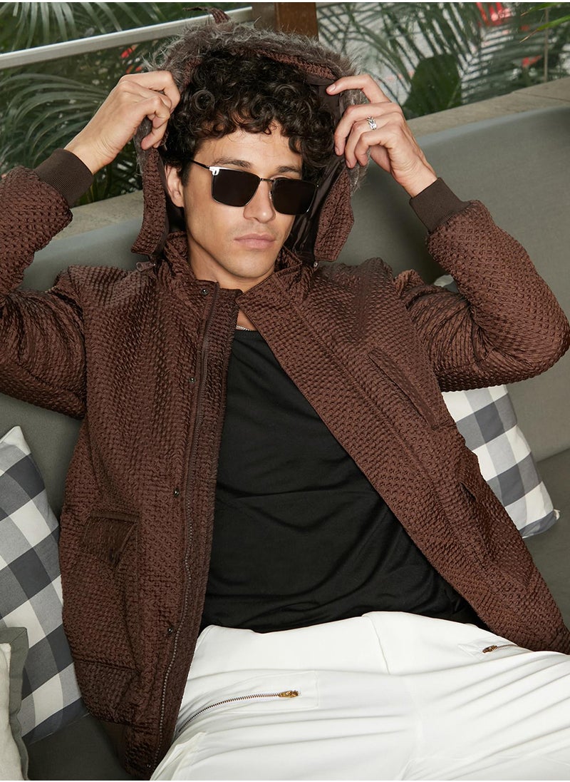 Men's Chocolate Brown Self-Design Diamond Puffer Jacket With Fleece Hood