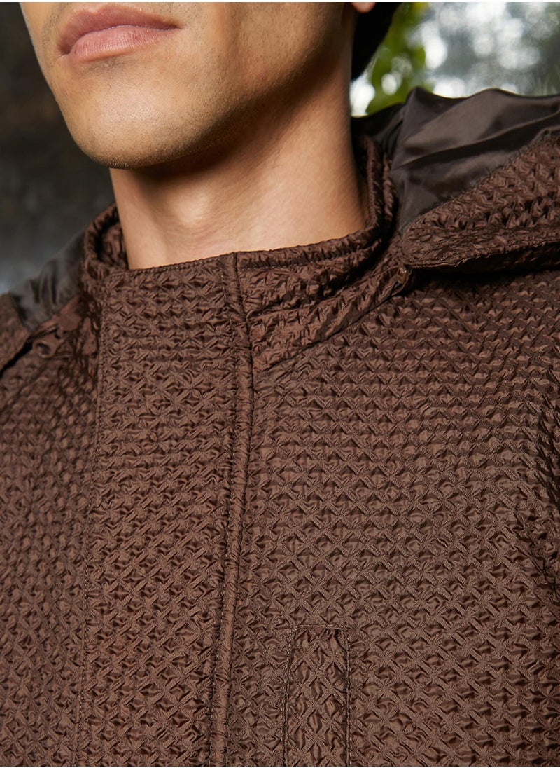 Men's Chocolate Brown Self-Design Diamond Puffer Jacket With Fleece Hood